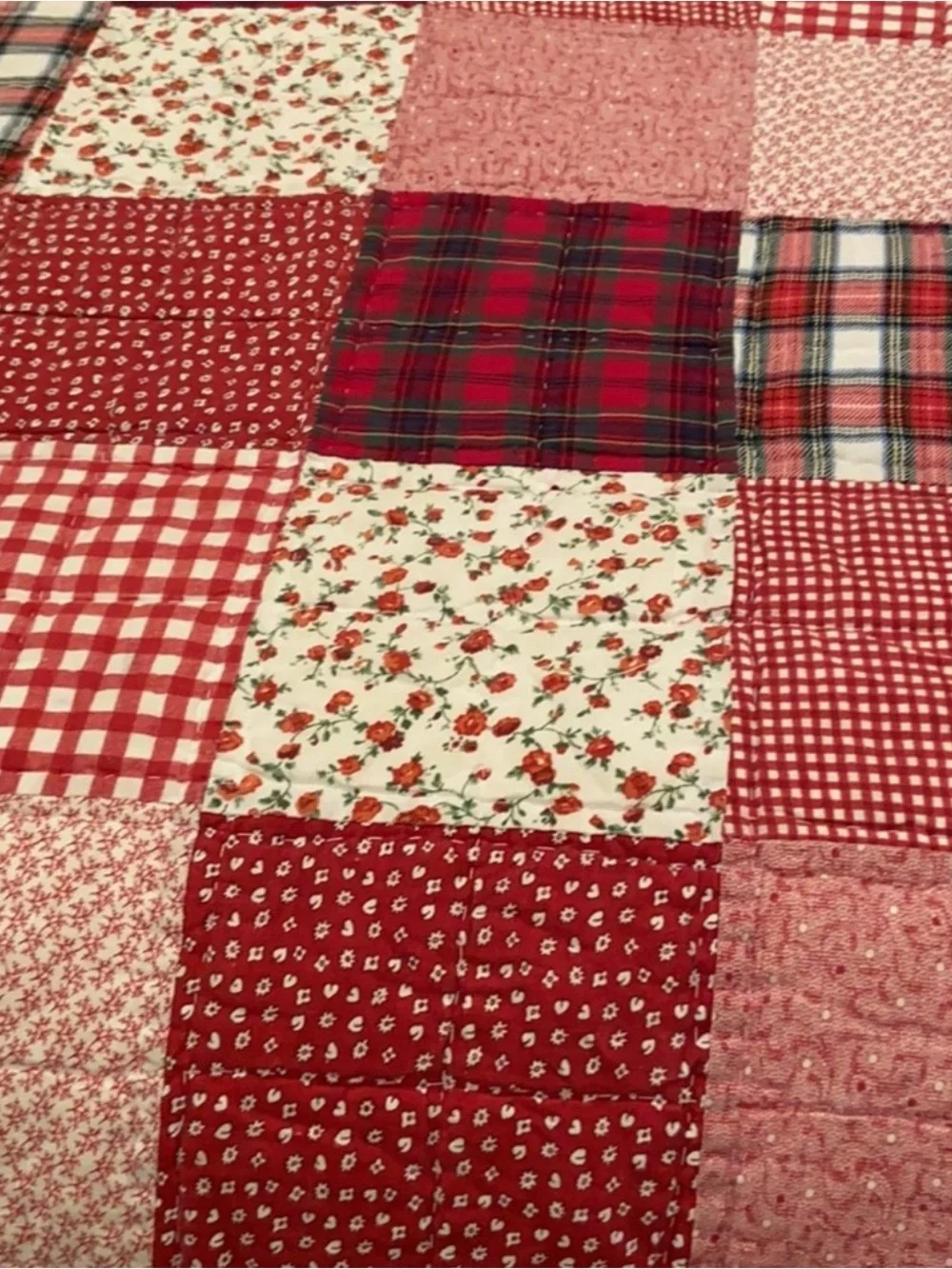 Vintage Patchwork Scalloped Quilt & 2 Shams Checks & Plaids 94 x 98